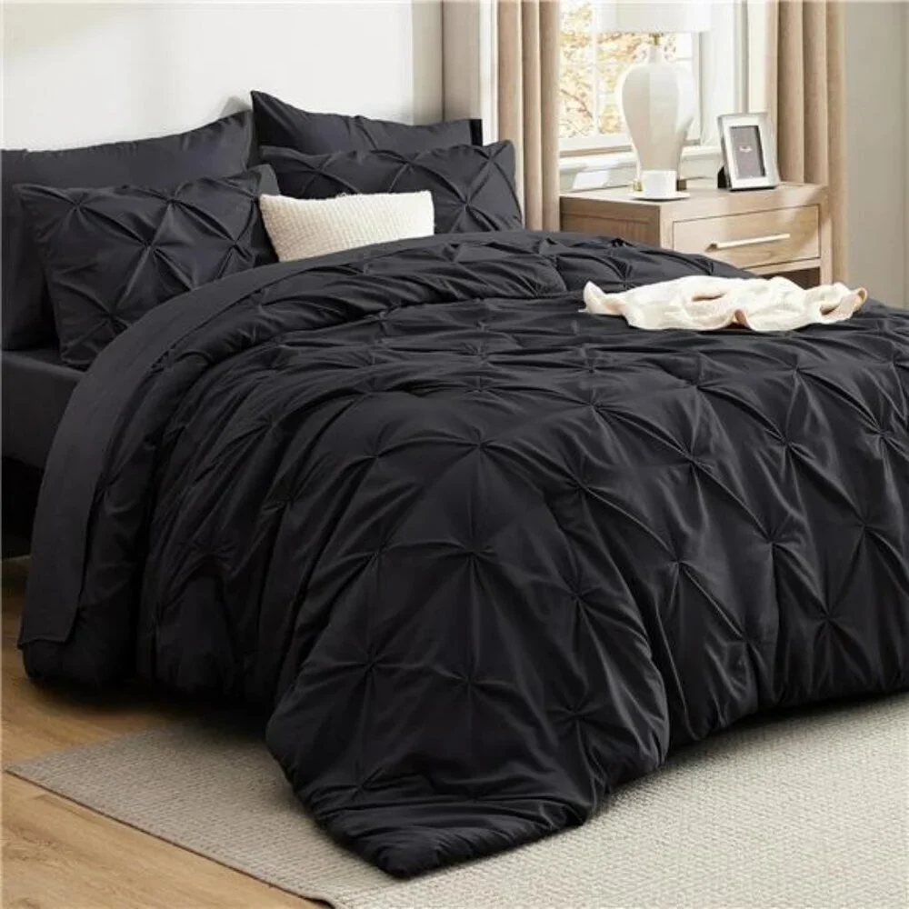 Bedsure Queen Comforter Set Black 7 Piece Bed in a Bag with Sheets Shams